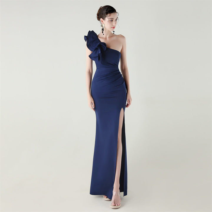 One Shoulder Craft Wave Floral Satin High Slit Sexy Evening Dress Dinner Party Wedding Social