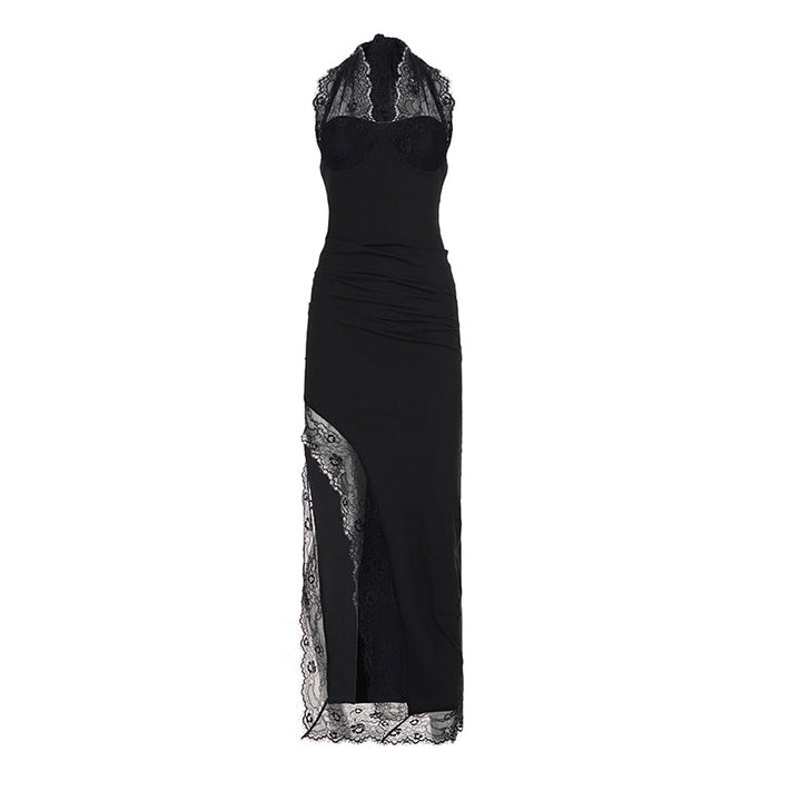 Elegance Black Lace Stitching Chest Halter Dress Sexy High Split Dinner Dress Women
