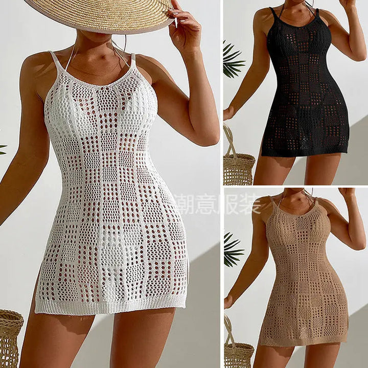 Vacation Women Clothing Short Chic round Neck Plaid Texture Hollow Out Cutout out See through Camisole Sexy Short Dress Crochet hook