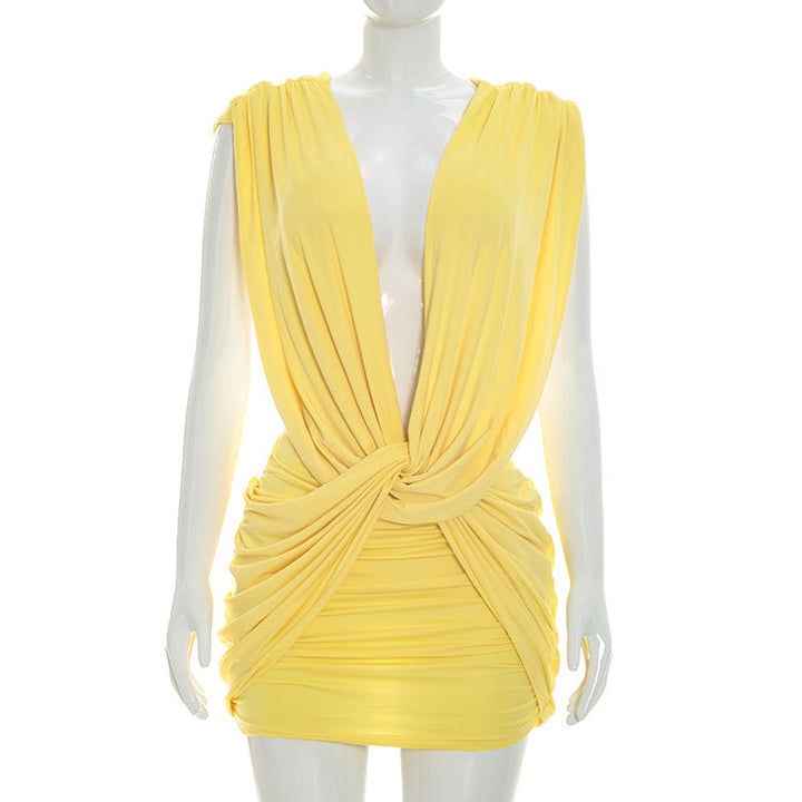 Women Clothing Summer Solid Color Casual Cross Twist Sleeveless Pleated Slim Short Dress