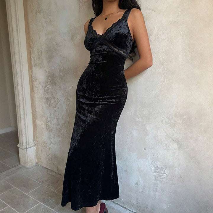 French Romantic Velvet Lace V neck Patchwork Sleeveless Dress Slim Fit Sheath Fishtail Dress Inner Wear