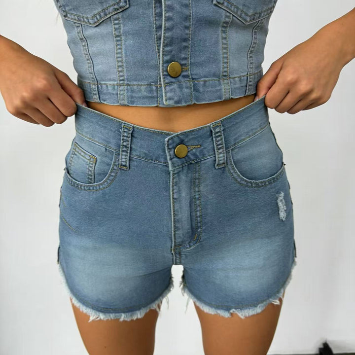 Stretch Slim Fit Ripped Tassel Women Jeans Denim Shorts