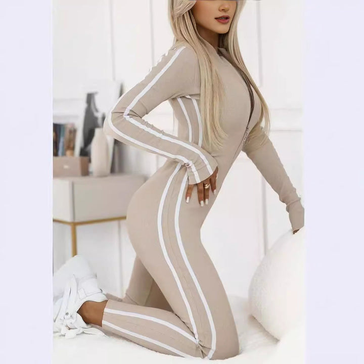 Autumn Winter Women Slim Striped Half Zipper Jumpsuit