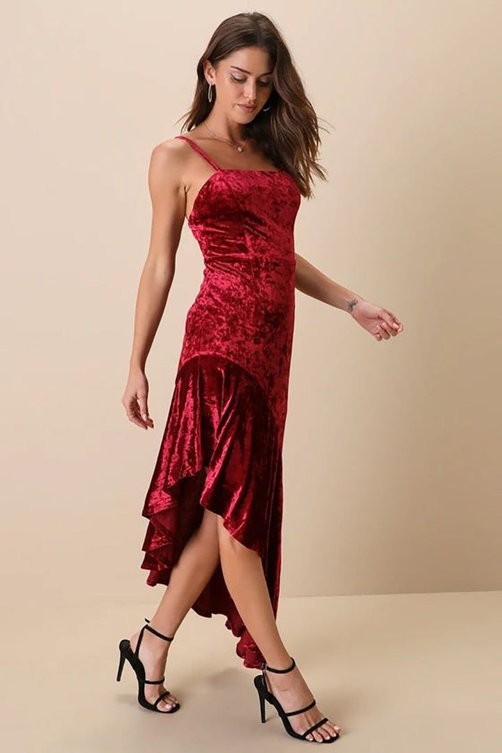 Pleuche Spaghetti Strap Dress Sexy Patchwork Ruffled Sheath Fishtail Dress