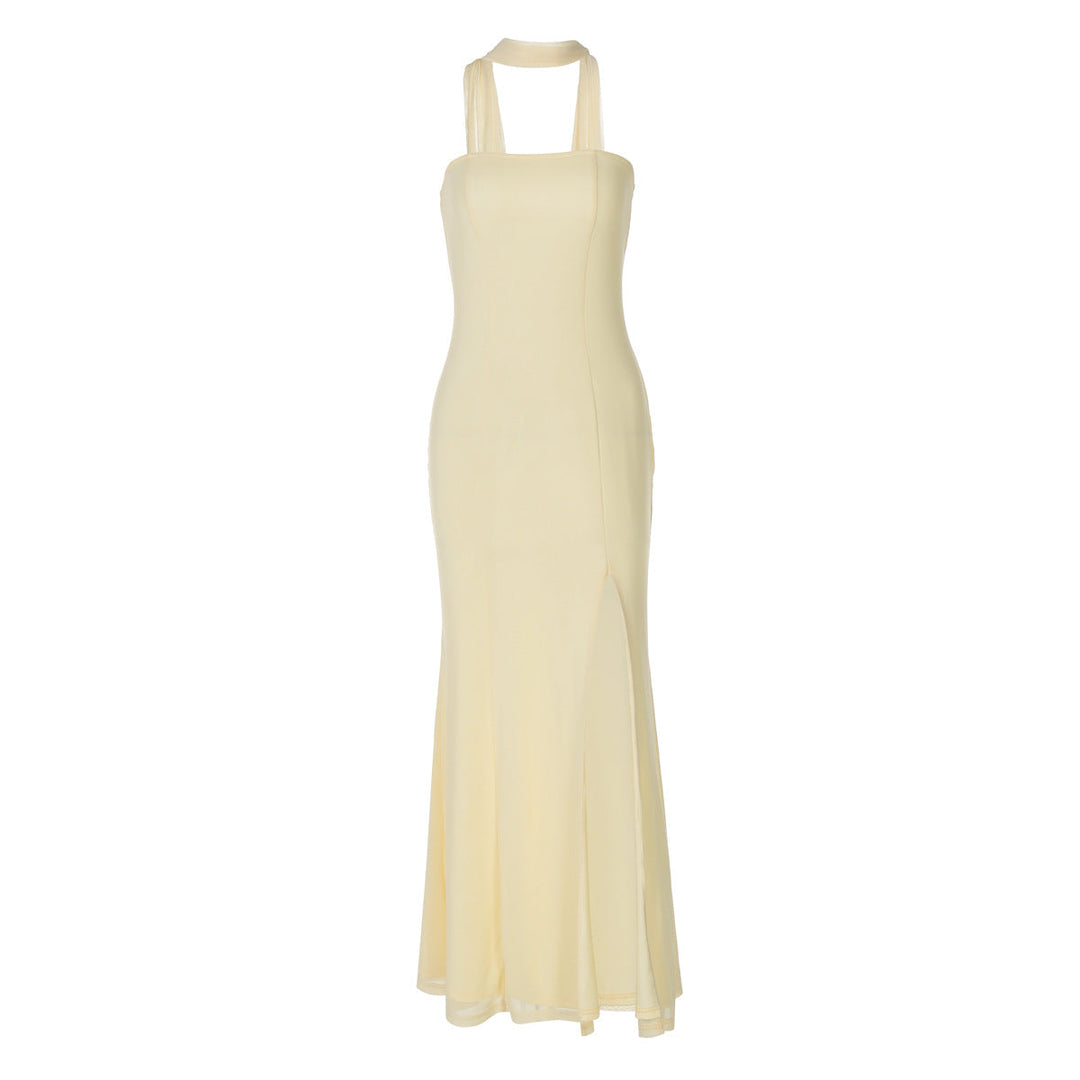 Women Clothing Summer Tube Top Slit Slim Fitting Solid Color Dress