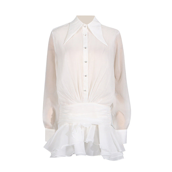Dress Women Summer Polo Collar Solid Color Mesh Pleated Slim Design Long Sleeve Short Dress