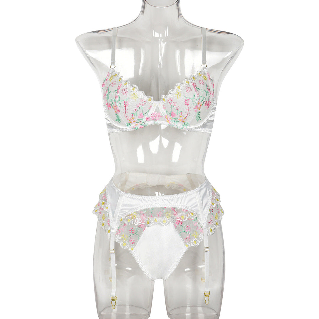 Women Clothing Sexy Lingerie Exquisite Embroidered Floral Stitching Satin Fresh Sweet Three Piece Set