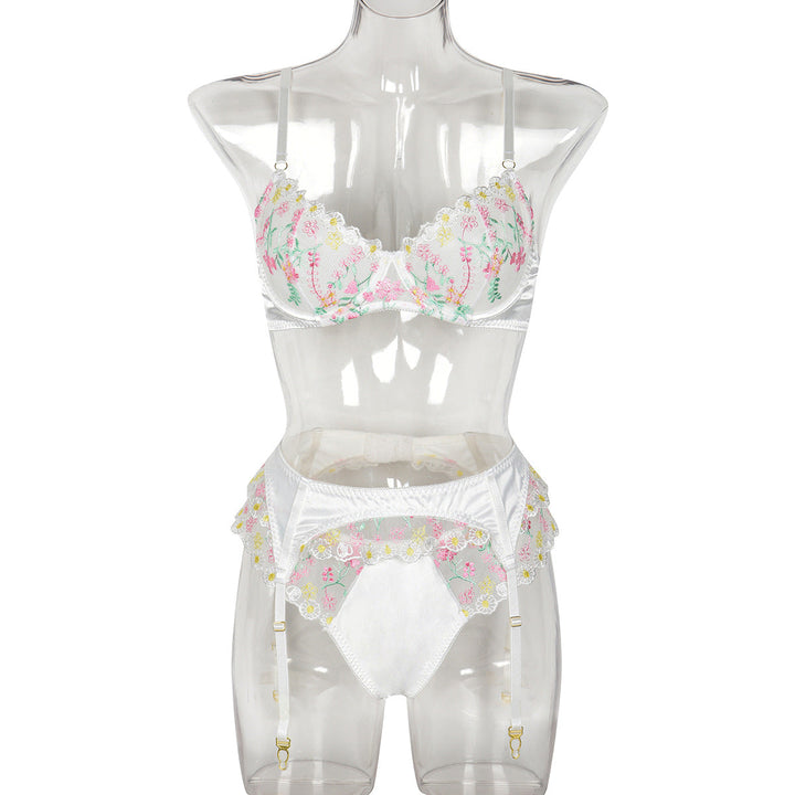 Women Clothing Sexy Lingerie Exquisite Embroidered Floral Stitching Satin Fresh Sweet Three Piece Set