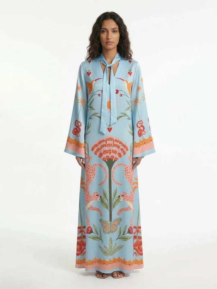 Spring Summer Satin Positioning Printed Dress Loose Streamer Long Sleeve Dress