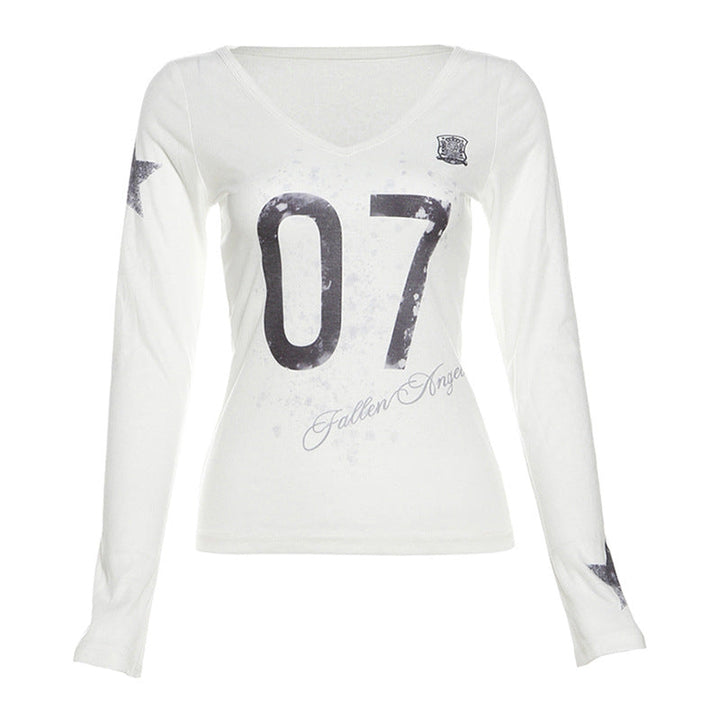 Autumn Sexy See through Slim Fit V neck Printed Long Sleeved T shirt Top Women Clothing