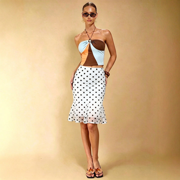 Summer Dot Mesh Fishtail Skirt Retro Ruffled Waist Tight Slimming Skirt