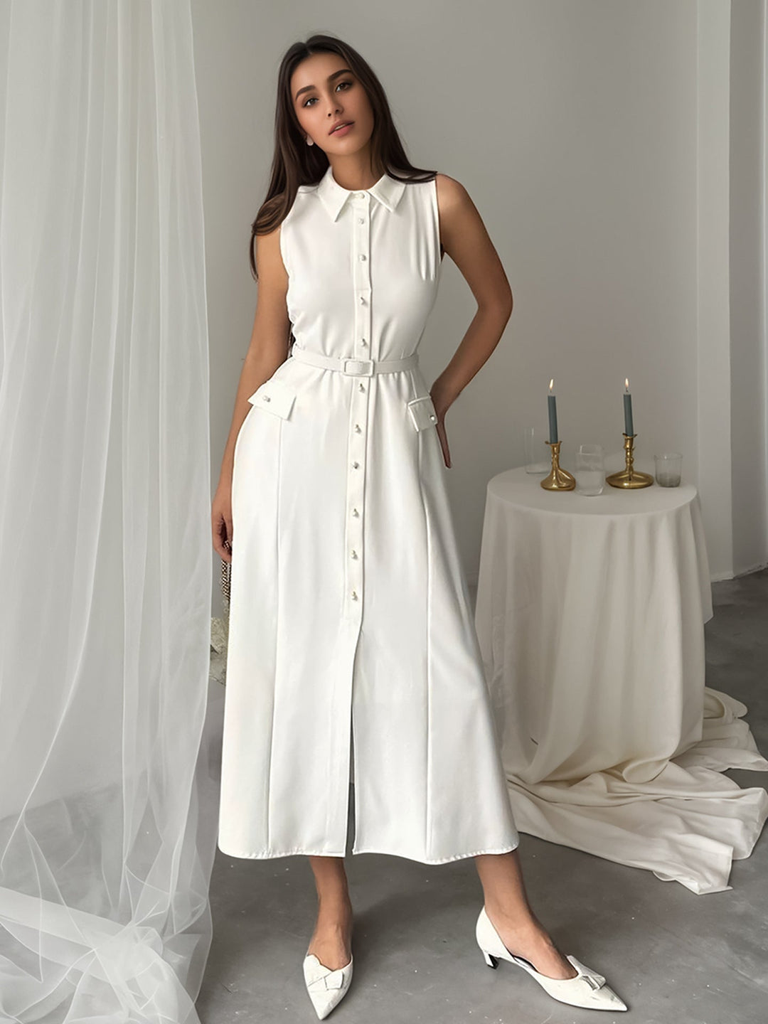 Summer Autumn Arrival Solid Color Sleeveless Belt Pearl Buckle Slim Fit Slit Office Dress