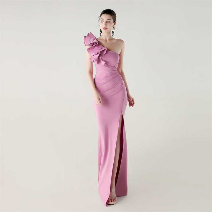 One Shoulder Craft Wave Floral Satin High Slit Sexy Evening Dress Dinner Party Wedding Social