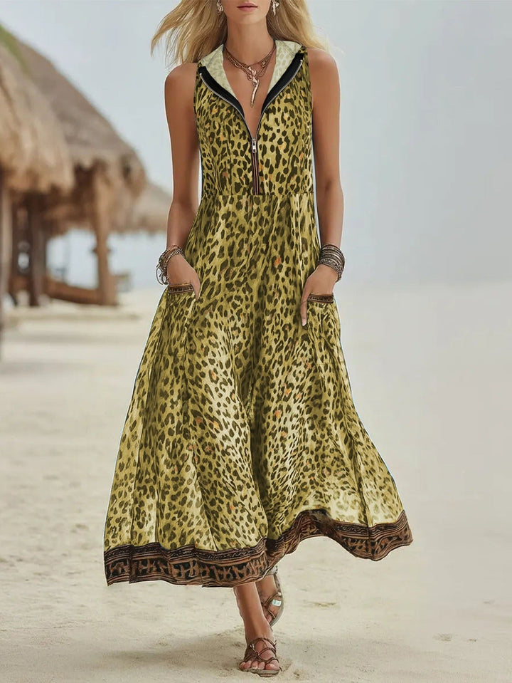 Casual Leopard Print Printed Dress Hooded Zipper Pocket Beach Dress