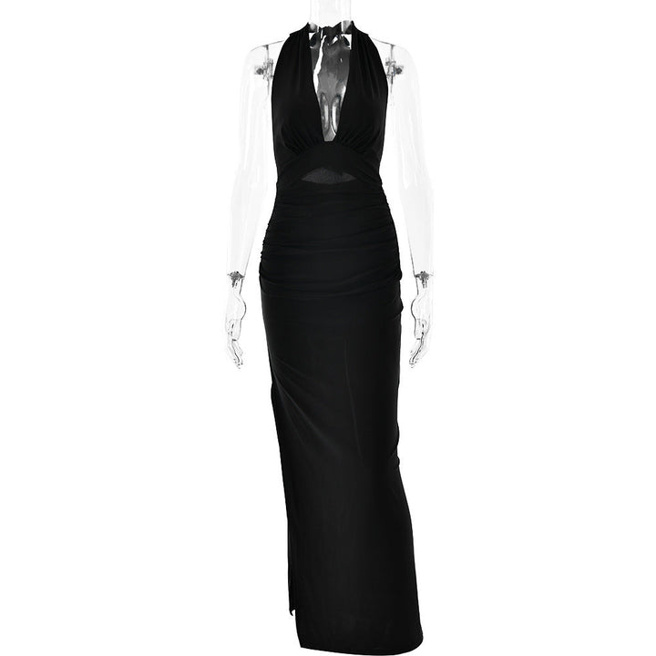 Summer Sexy V neck Halter Backless Dress Solid Color Split Dress