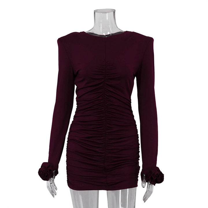 Women Clothing Sexy Nightclub Dress Pullover round Neck Long Sleeves Pleating Skinny Hip