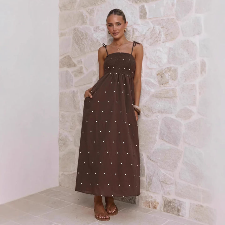 Polka Dot Printing Slip Dress Summer Tied High Waist Dress Women Dress