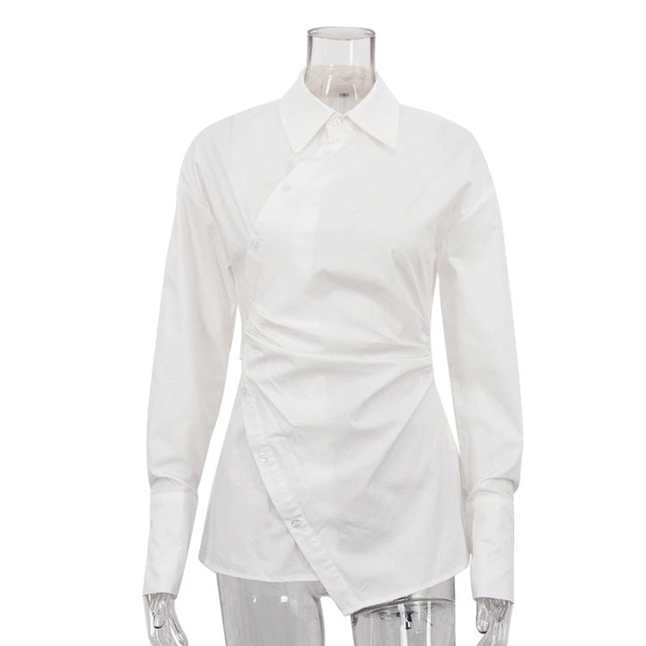 Cotton White Collared Long Sleeve Waist Women Shirt Cross Design Irregular Asymmetric Cardigan Top