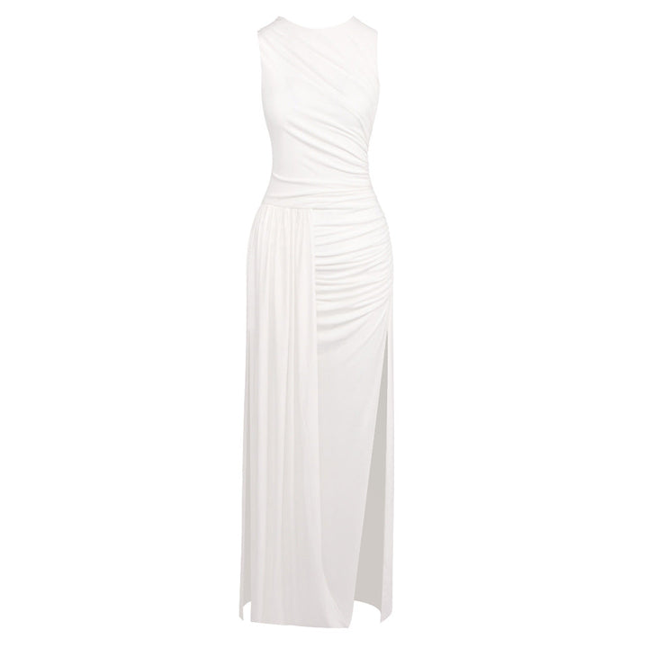 Hip Dress Summer Solid Color Dress round Neck Sleeveless Split Irregular Asymmetric Maxi Dress