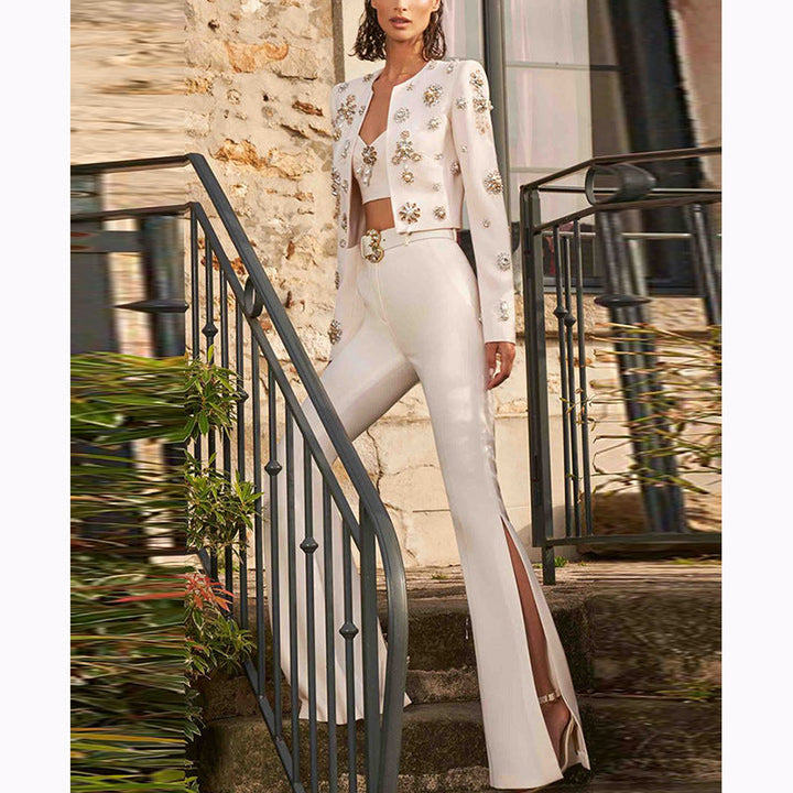 round Neck Heavy Industry Beads Short Jacket Split Flared Pants Blazer Suit Set