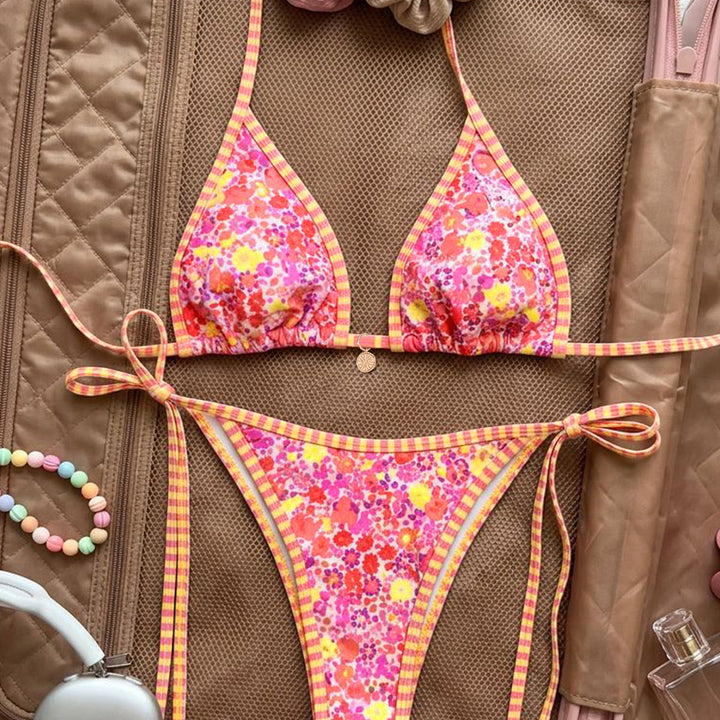Printed Triangle Strap Small Embellished Sexy Split Bikini Swimsuit for Women