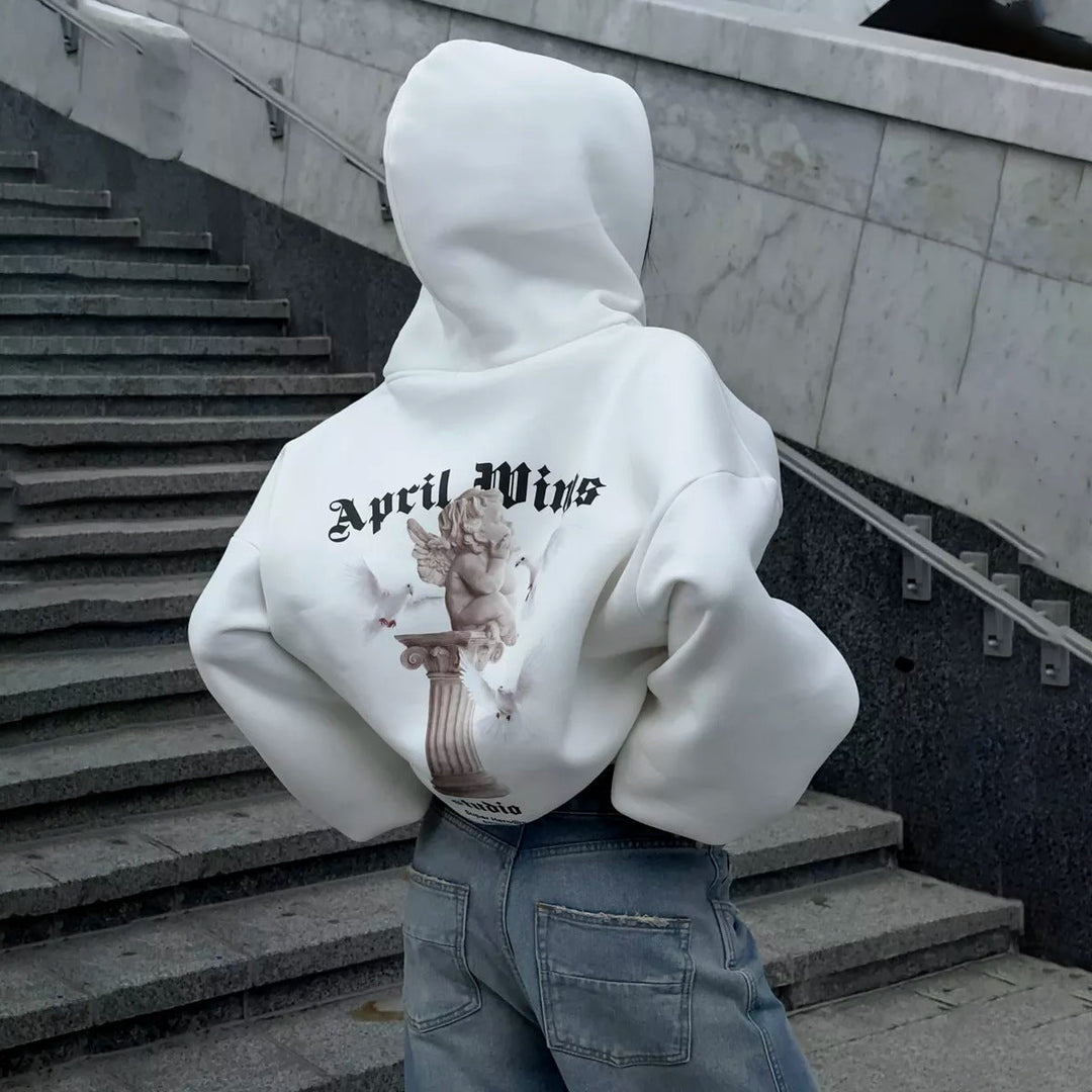 Loose Personality Trendy Sexy Casual Top Angel Print Hooded Zipper Sweatshirt for Women Spring Autumn