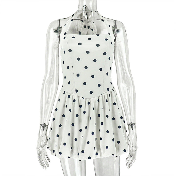 Black White Women Printed Wear Polka Dot Cinched Pleated A line Dress Halter Short Sleeveless Dress Tide