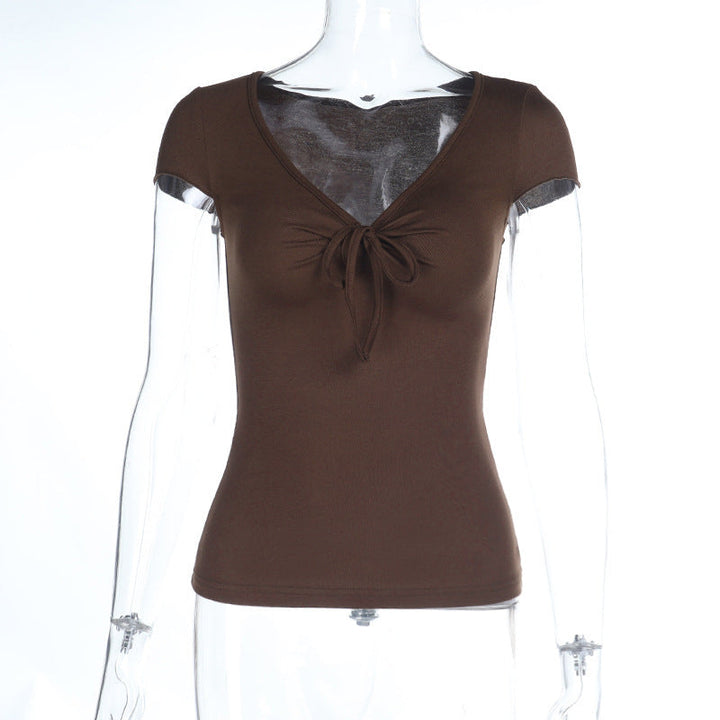 U Neck Lace up Short-Sleeved T shirt Women Xiacnee Super Nice Sweet Waist Trimming Top