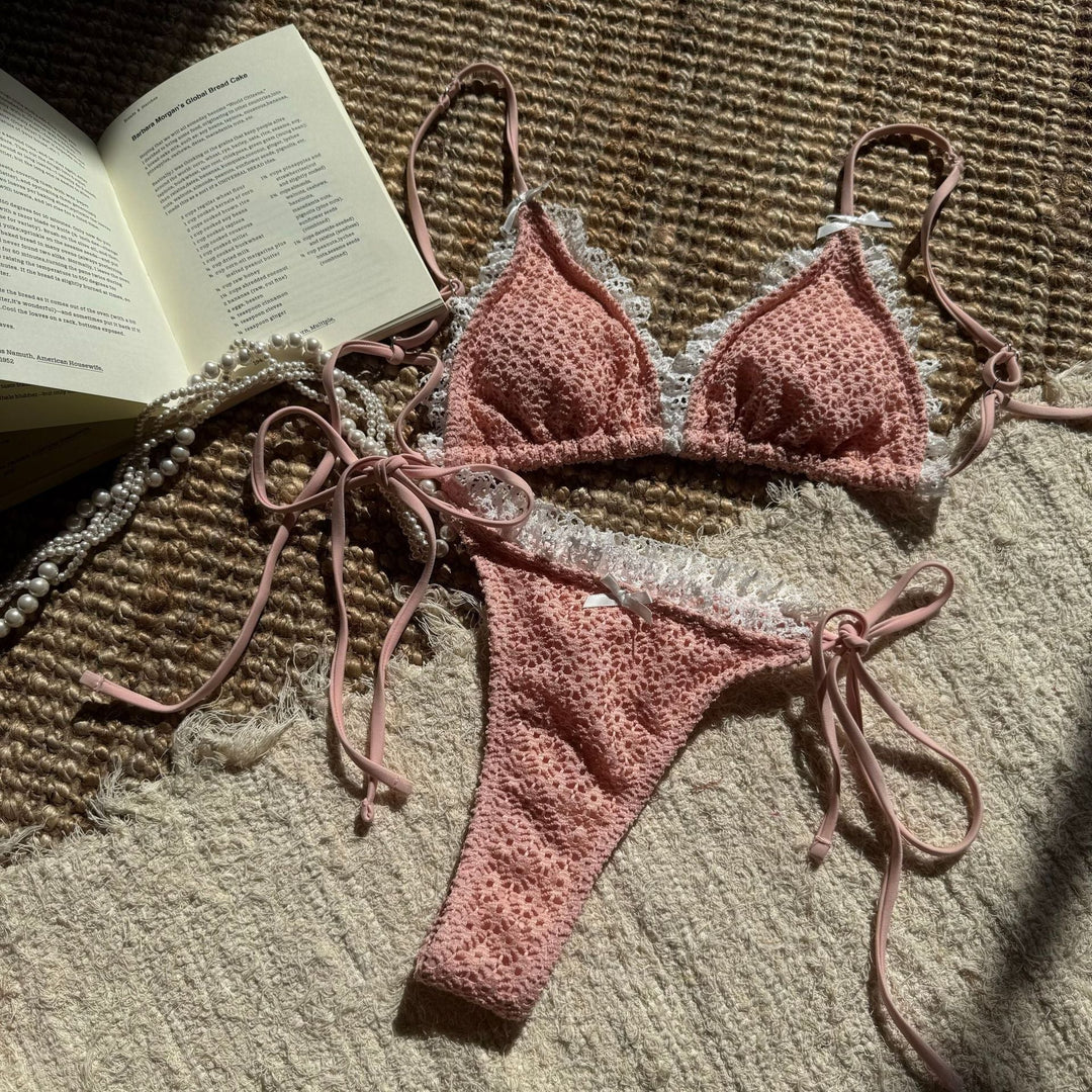Contrast Color Bow Flounce Trim Lace up Sexy Backless Split Swimsuit Bikini