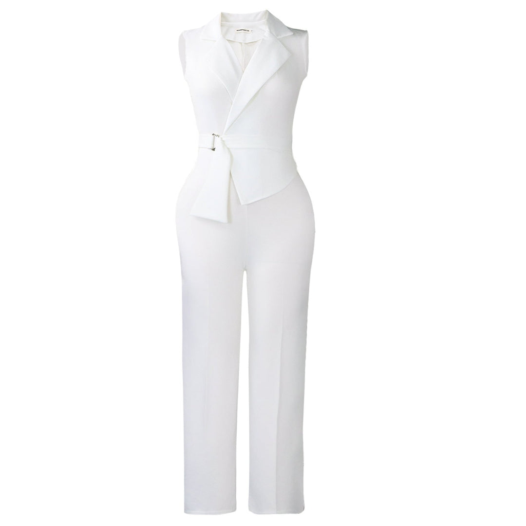 Summer Solid Color Sleeveless Collar Lace up Wide Leg Pants Jumpsuit