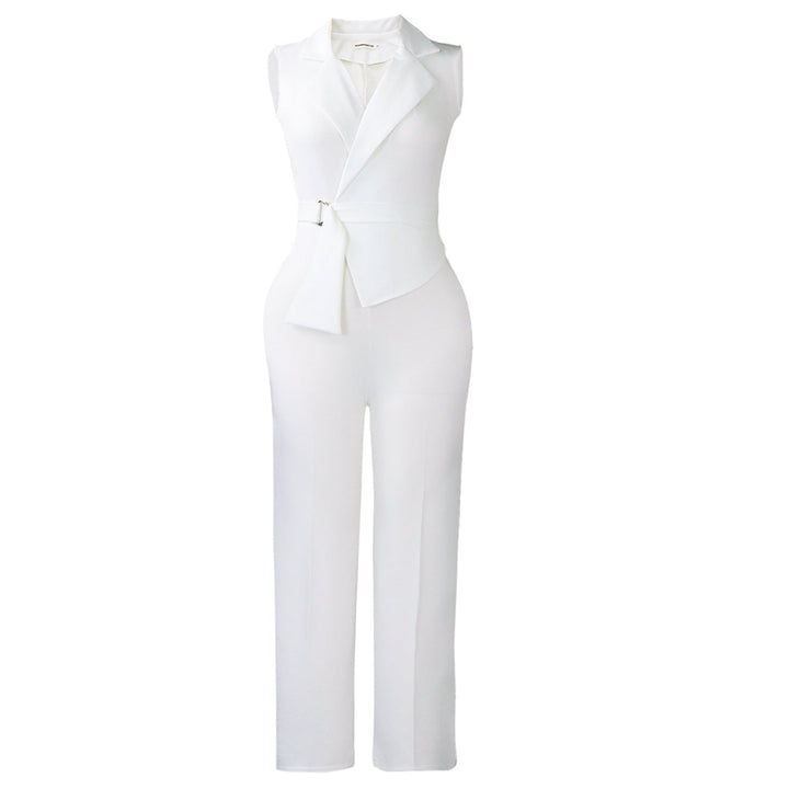 Summer Solid Color Sleeveless Collar Lace up Wide Leg Pants Jumpsuit