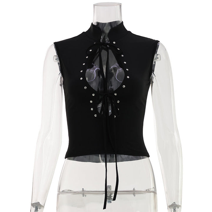 Summer Sexy Women Clothing Stand Collar Chest Hollow Out Cutout out Strap Sexy Solid Color Sleeveless Top Short