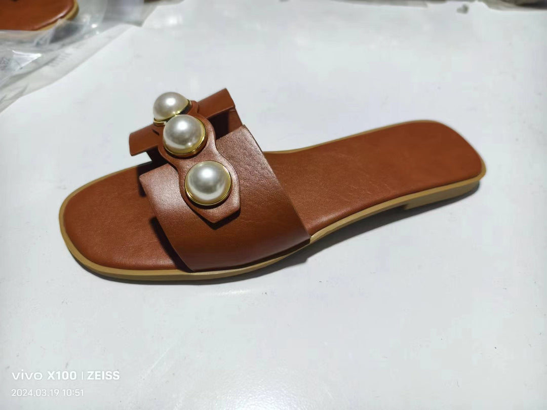 Pearl Flat Slippers Women Lightweight Low Heel Outerwear Beach Slippers Supply