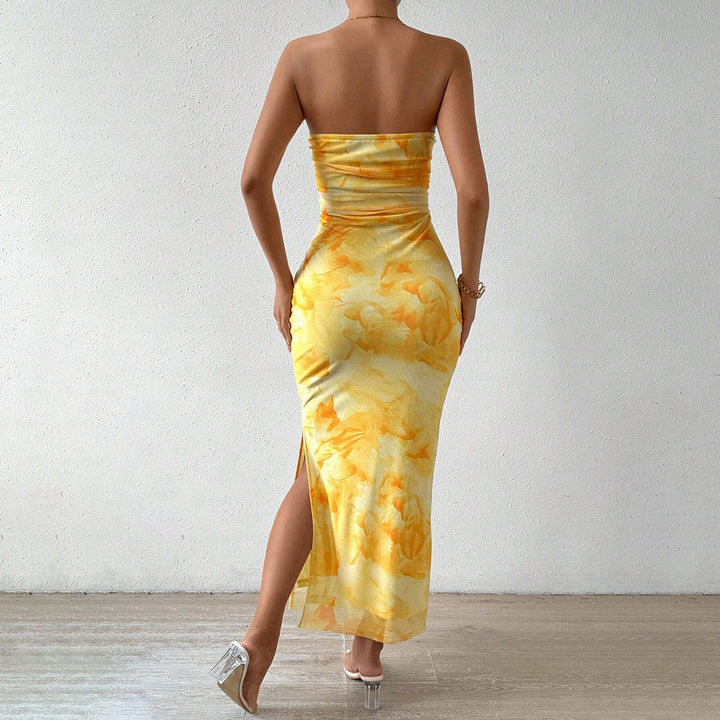 Printed Dress Spring Summer Women Clothing High Waist Slit Tube Top Dress