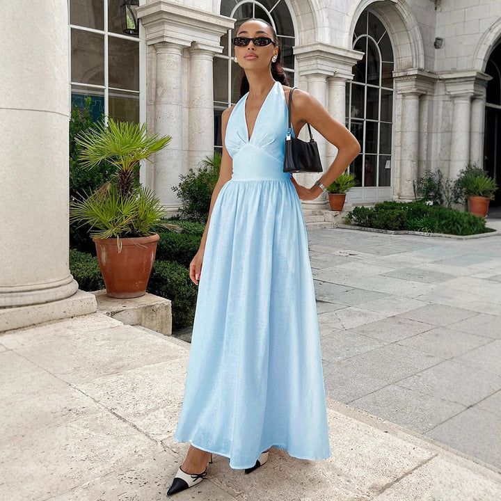 Pure Cottom Maxi Dress Spring Summer Tight Waist V neck Lace up Long Dress Large Swing Dress Women