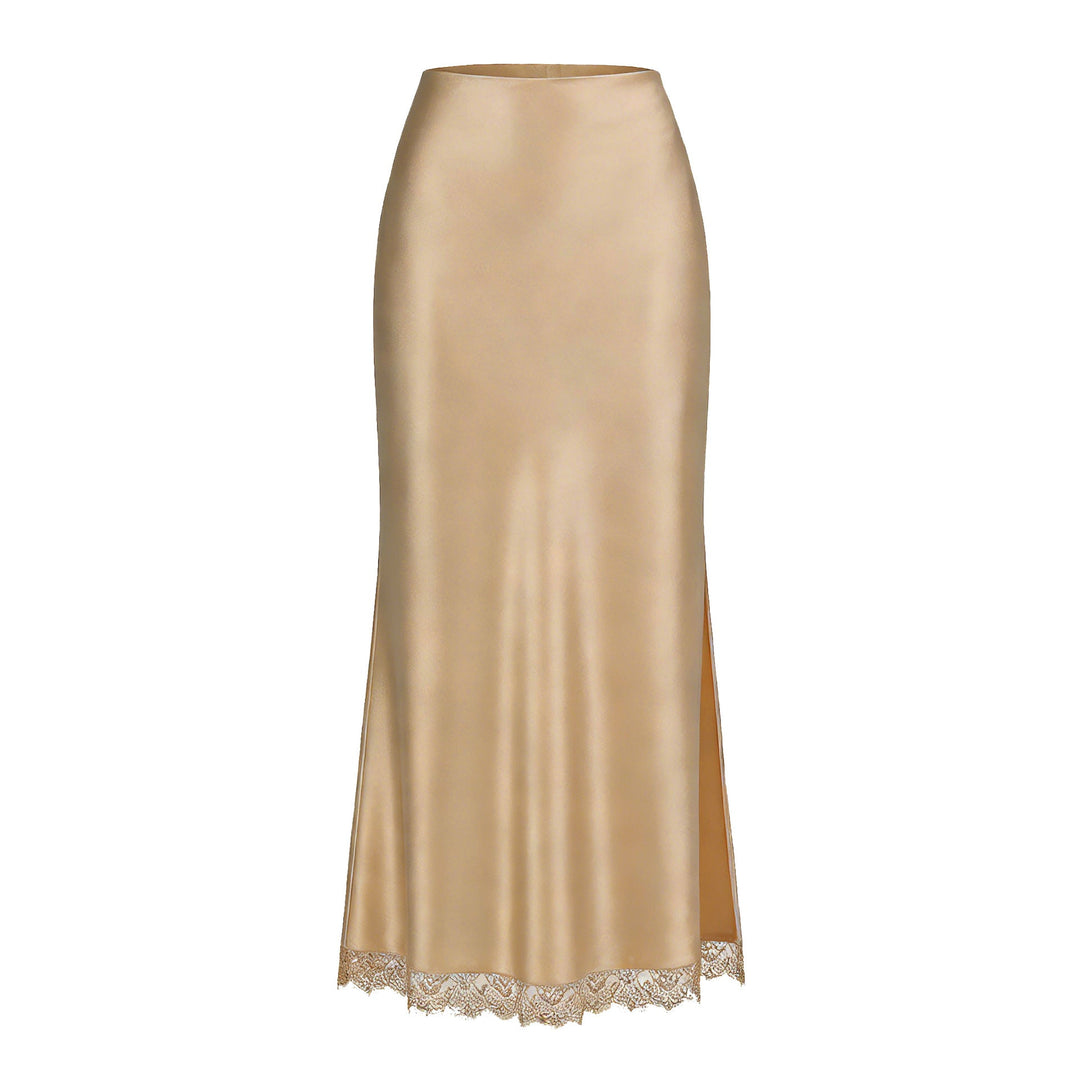 Women Clothing Satin Skirt Lace Split High Waist Elastic Sexy Sheath Skirt