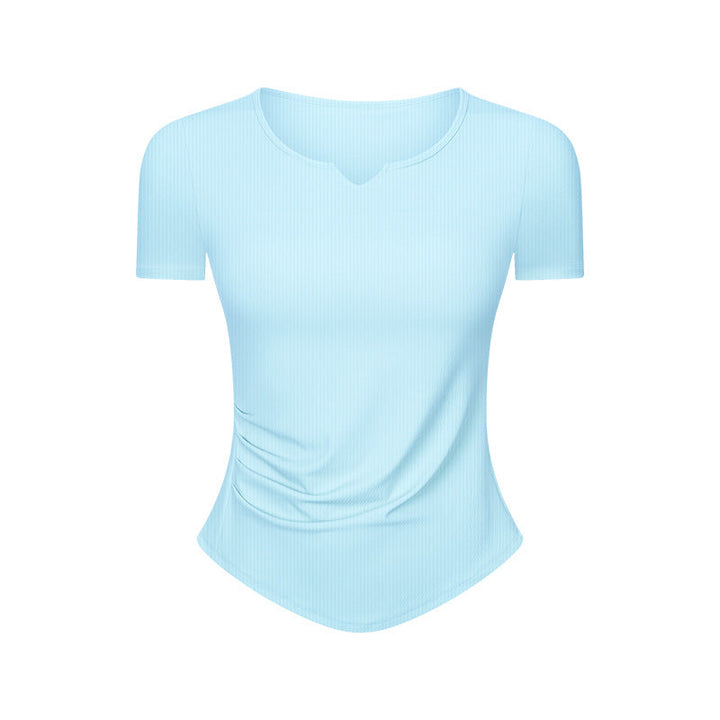 Stripe Rib Pleated Small V neck Sports Short Sleeve Women Fitness Running Slim Slimming Yoga Jacket