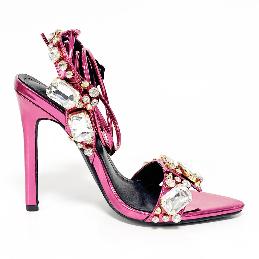 11cm Pointed Gold Rivet Rhinestone Stiletto Heels Summer Sandals Shoes