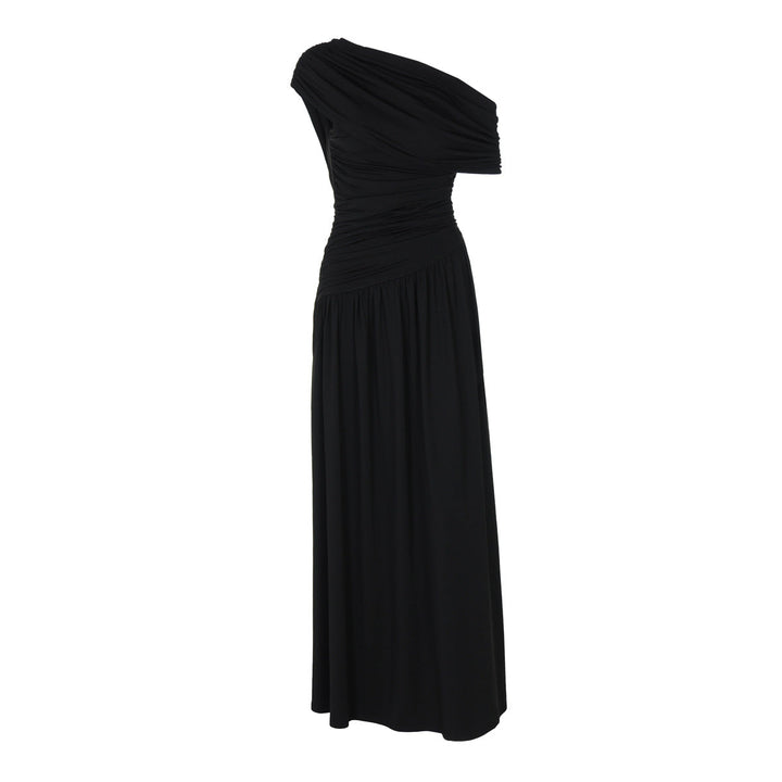Women Clothing Spring Arrival Fashionable Sexy Diagonal Collar Pleated Asymmetrical Solid Color Dress