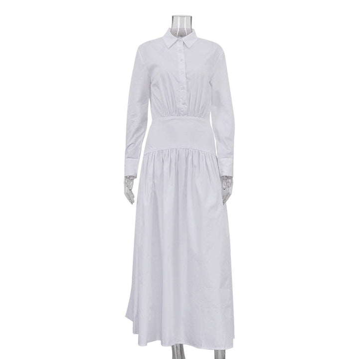 Women Clothing Spring Summer White Office Pleated A line Dress Collared Long Sleeve Shirt Dress Women