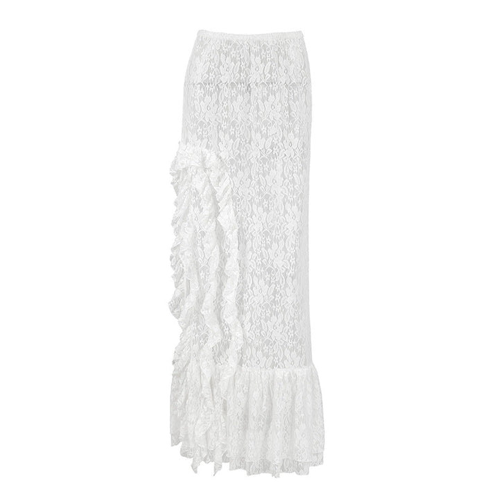 Women Commuting Wear Summer Side Slit Sexy Ruffles Atmosphere Lace See through Skirt