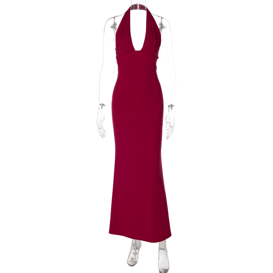 Slim Fit Solid Color Back Strap Design Sleeveless Long Sheath Halter Dress Women
