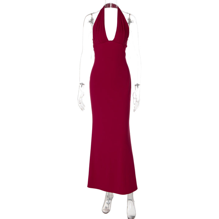 Slim Fit Solid Color Back Strap Design Sleeveless Long Sheath Halter Dress Women
