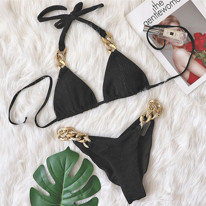 Bikini Golden Diamond Chain Split Swimsuit Sexy Special Fabric Women Swimwear textured