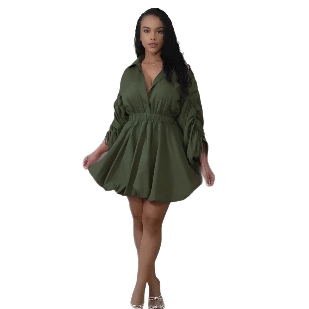 Sexy Casual Office Drawstring Sleeve Fitted Waist Bubble Shirt Collar Long Sleeve Dress
