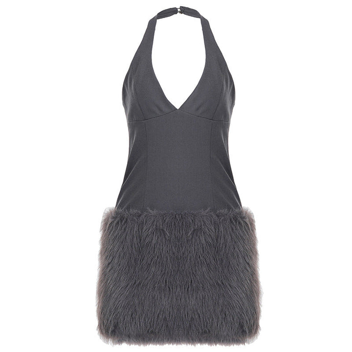 Sexy Halter V neck Furry Dress Tight Sexy Waist Plush Hip Dress