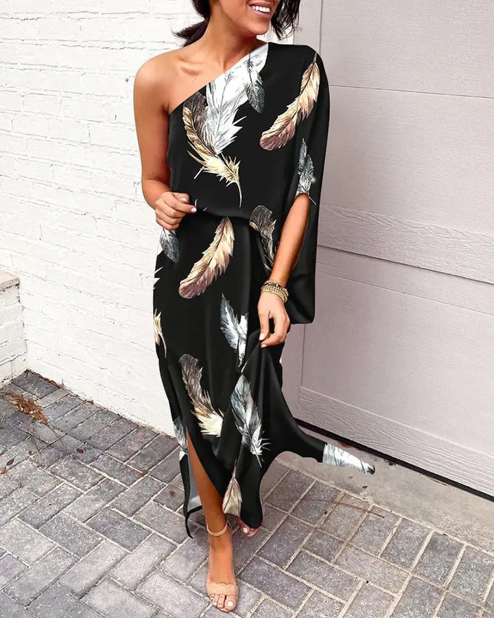 Women Clothing Dress Sexy Oblique Shoulder Elegant Single Side Sleeve Dress for Women