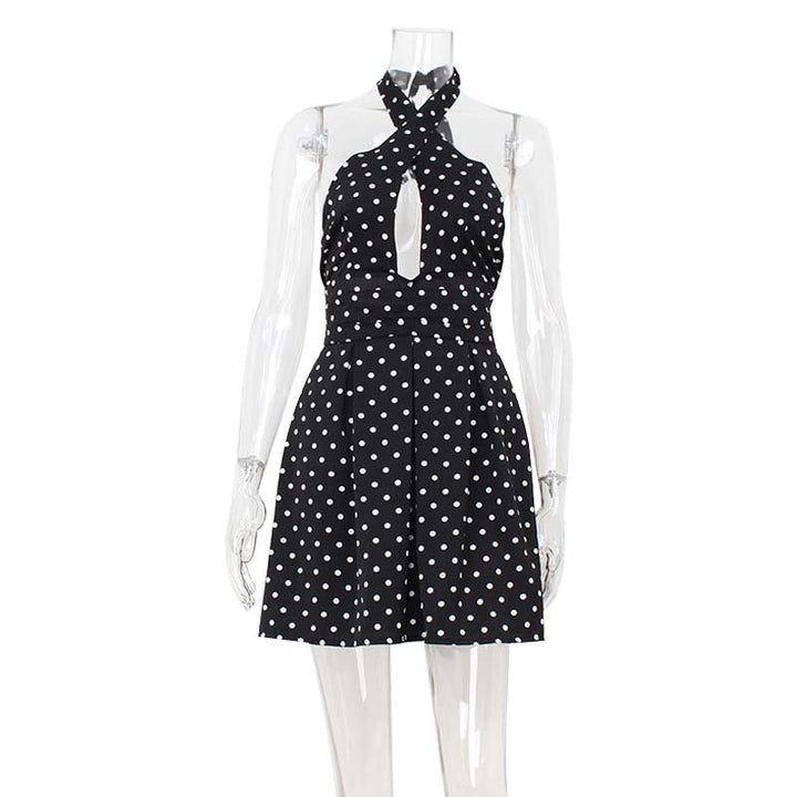 Sexy Hollow Out Cutout-out Halter Backless Polka Dot Print Dress Cinched Short Dress