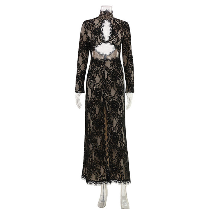 Women Clothing Sexy Cutout Design Turtleneck High Slit Red Carpet Lace Dress Women