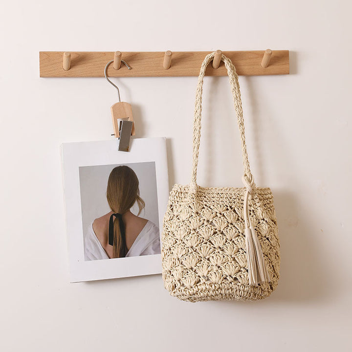Tassel Shoulder Straw Bag Fan Hollow Out Cutout Pattern Woven Bag Women Vacation Beach Bag Women Bag